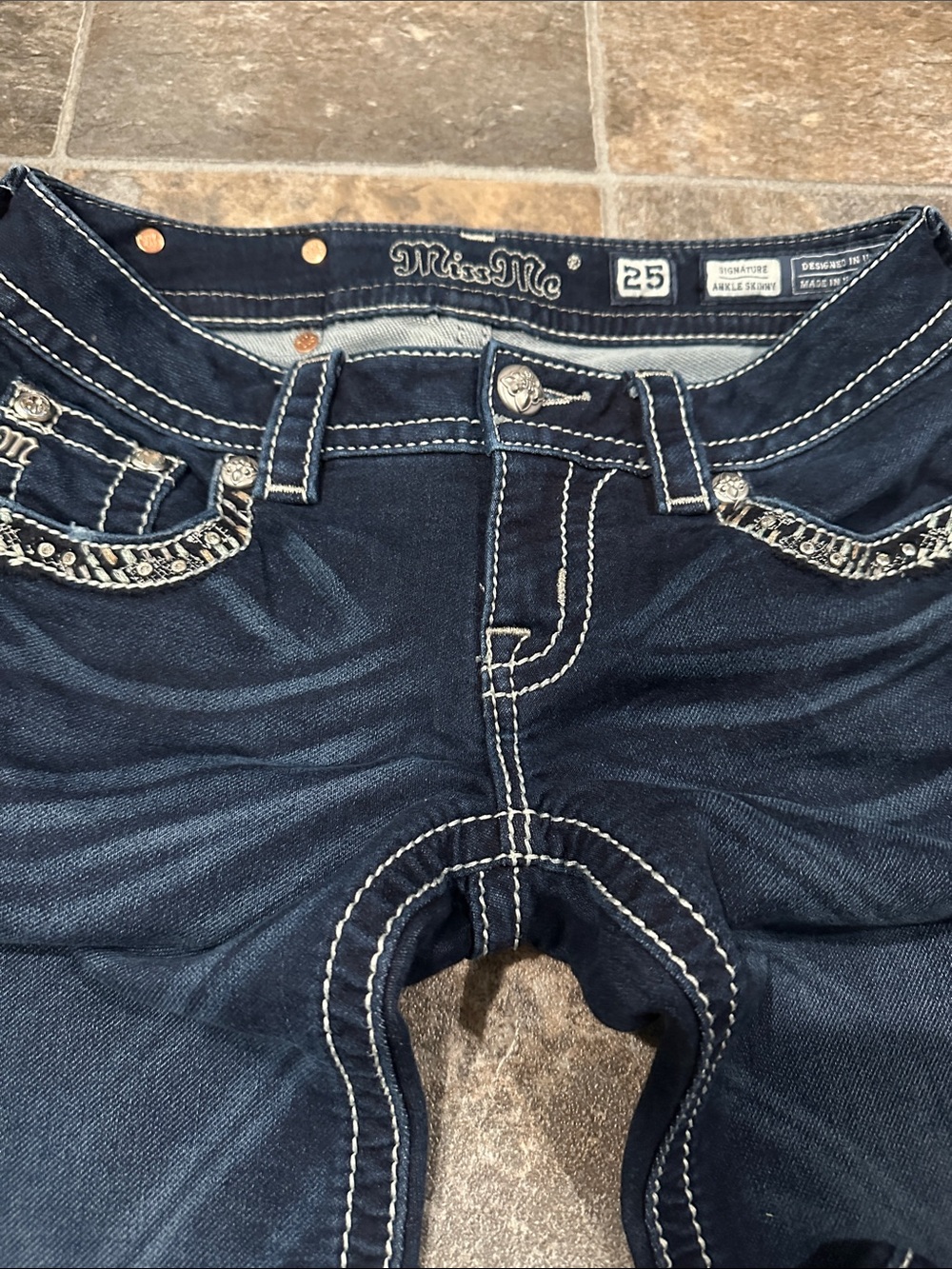 Miss Me Indigo Skinny Jeans with White Contrast Stitching - Picture 7 of 7